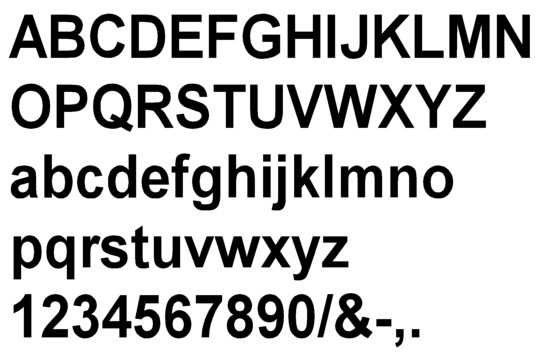 Image of our complete alphabet in Arial Bold font for cast metal dimensional Letters