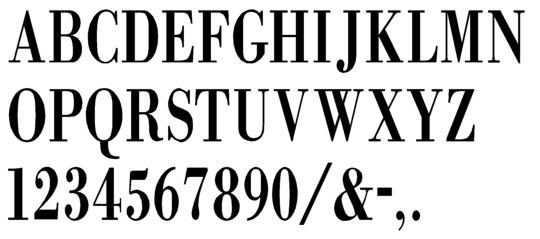 Image of our complete alphabet in Bodoni Condensed font for cast metal dimensional Letters